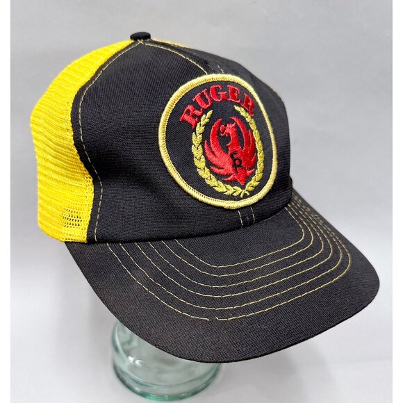 Vintage RUGER Firearms Guns Black Gold Snapback Trucker Hat w Patch 80s NOS - Picture 2 of 9